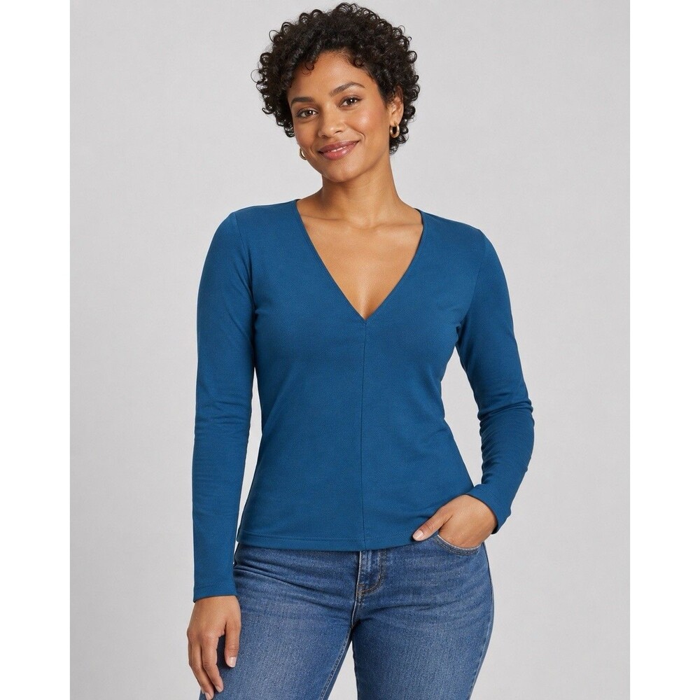 Zara Trafaluc Women’s Teal Blue Deep V Neck Long Sleeve Top Size Medium